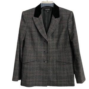 Kasper Gray Plaid Blazer Velvet Collar Dark Academia Polyester/Rayon 3 Buttons